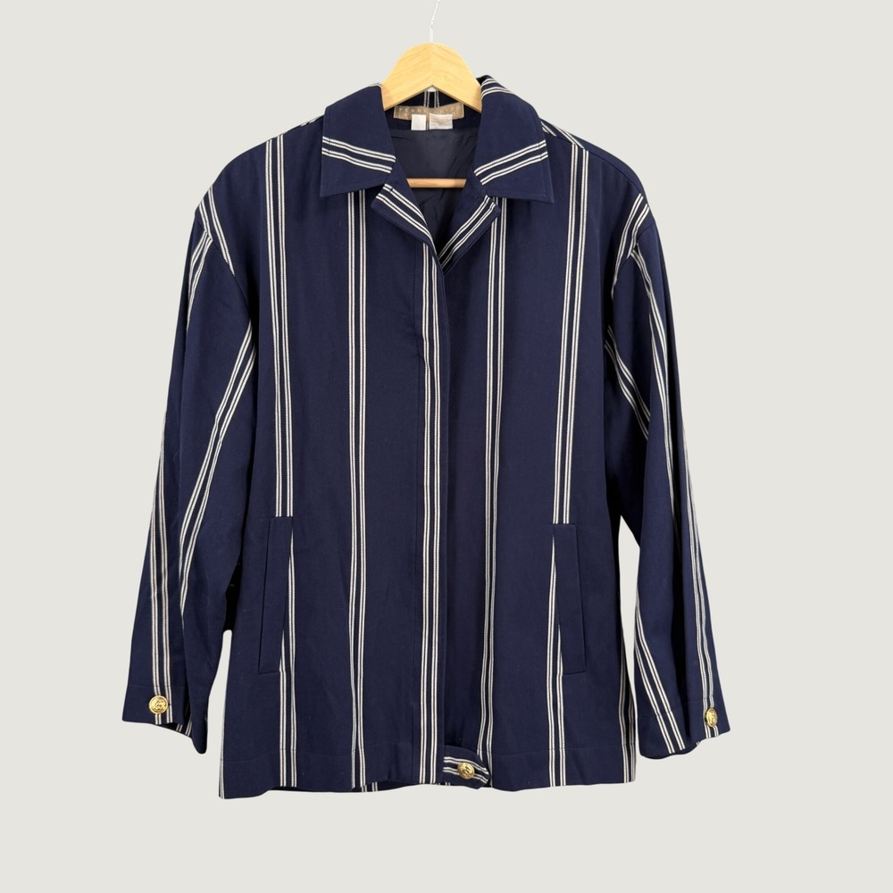 Vintage Perry Ellis Portfolio Stripe Jacket Size 4 Navy White Cotton Gold Button